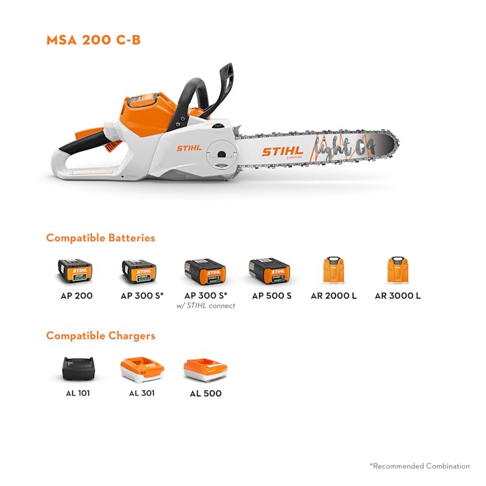 Stihl Light C4 Chainsaw with compatible batteries and chargers